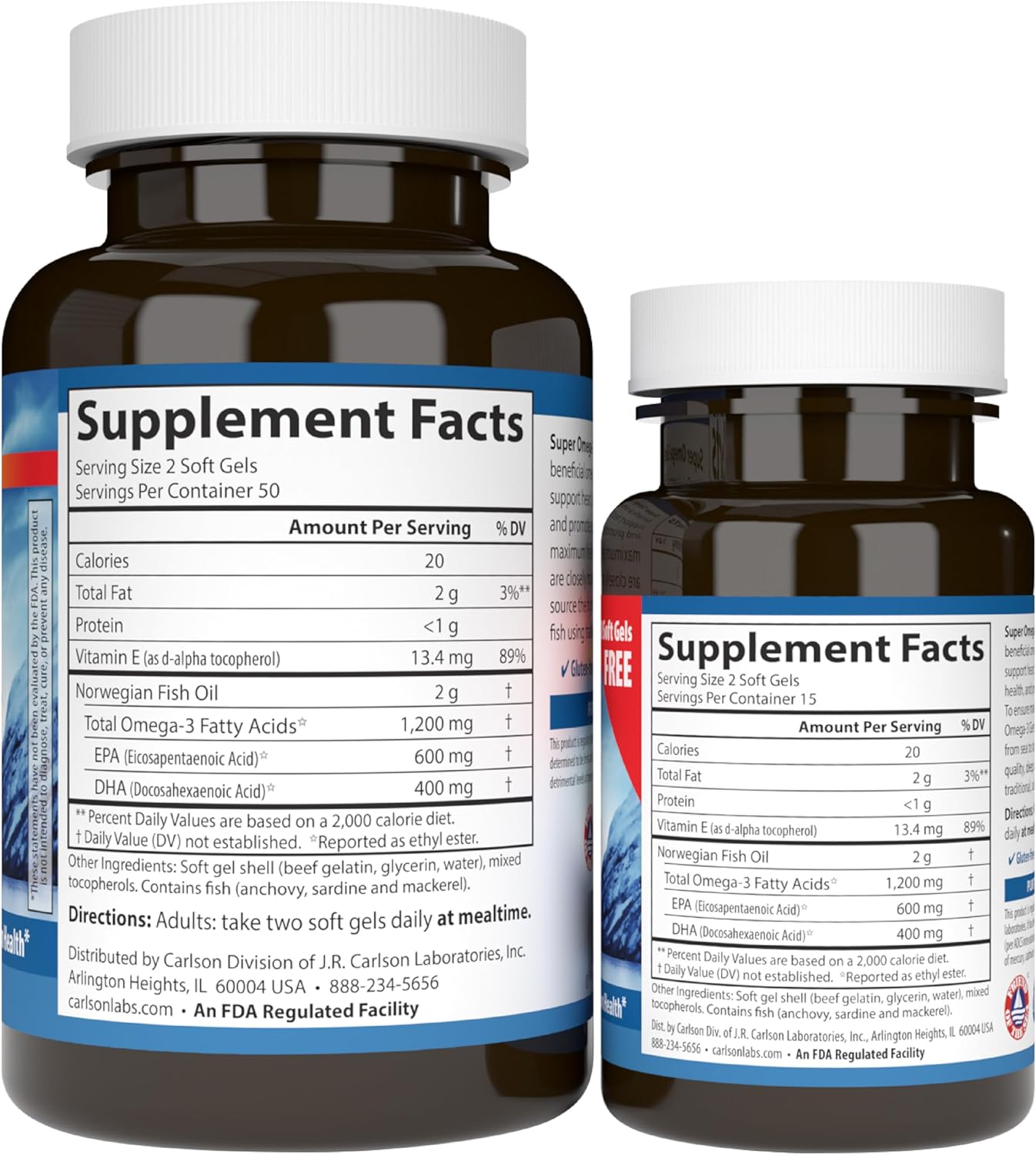 Norwegian Carlson Super Omega-3 Gems, Pescetarian Friendly, 1,200 mg Omega-3s, 130 Soft Gels