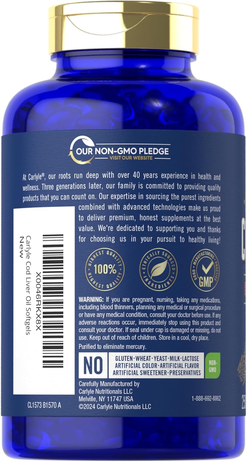 Norwegian Carlyle Cod Liver Oil Softgels - 1245mg, 250 Count - Non GMO, Gluten Free