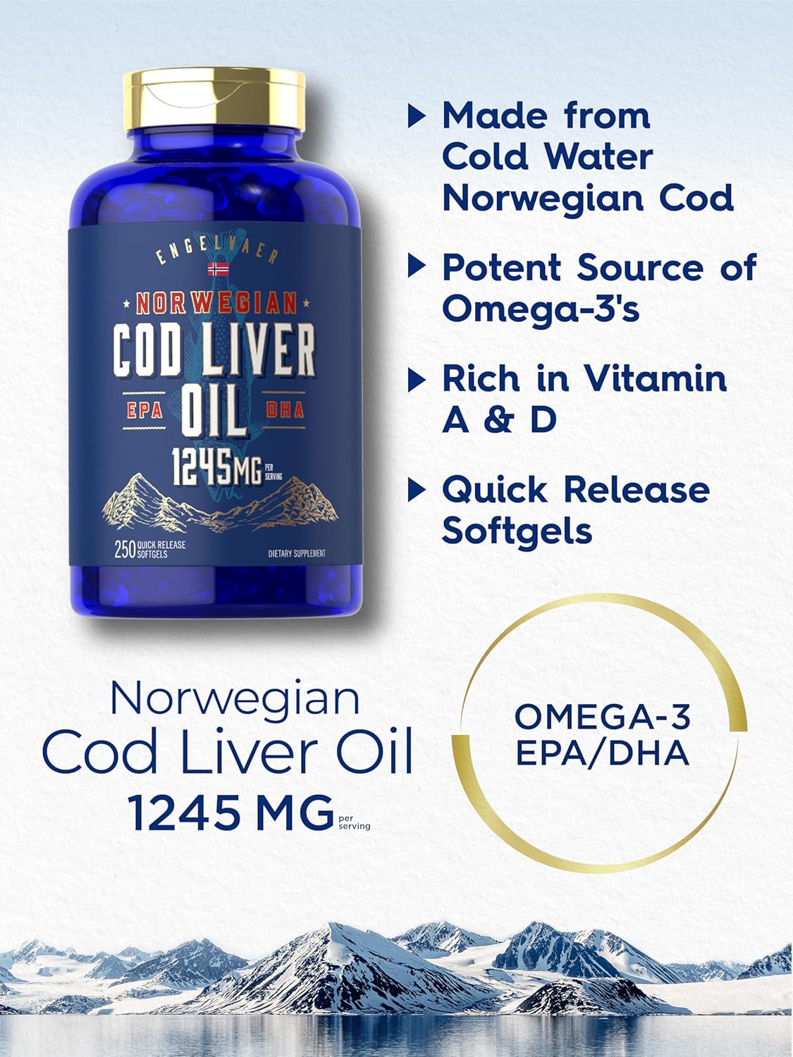 Norwegian Carlyle Cod Liver Oil Softgels - 1245mg, 250 Count - Non GMO, Gluten Free
