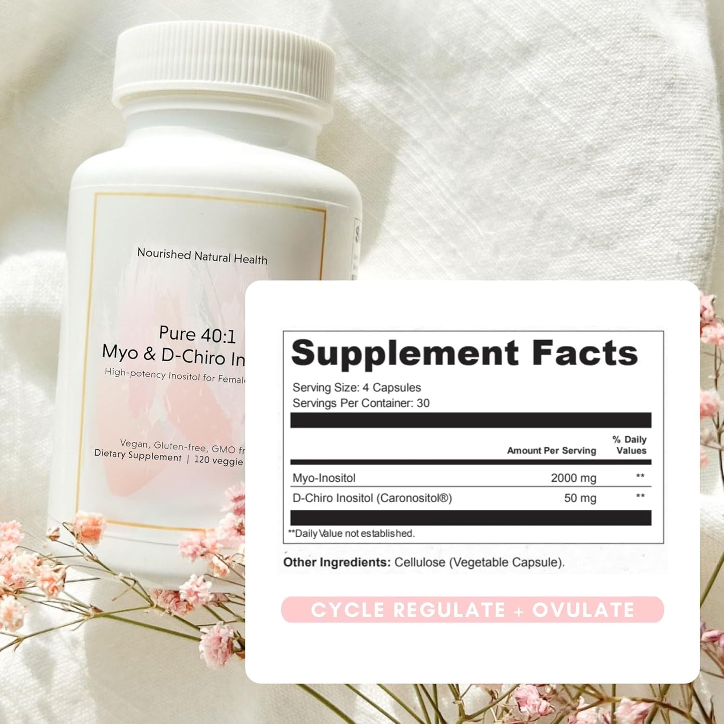 Nourished 40:1 Myo & D-Chiro Pure Inositol Supplement for Women - 360 Capsules for Fertility and Skin Health
