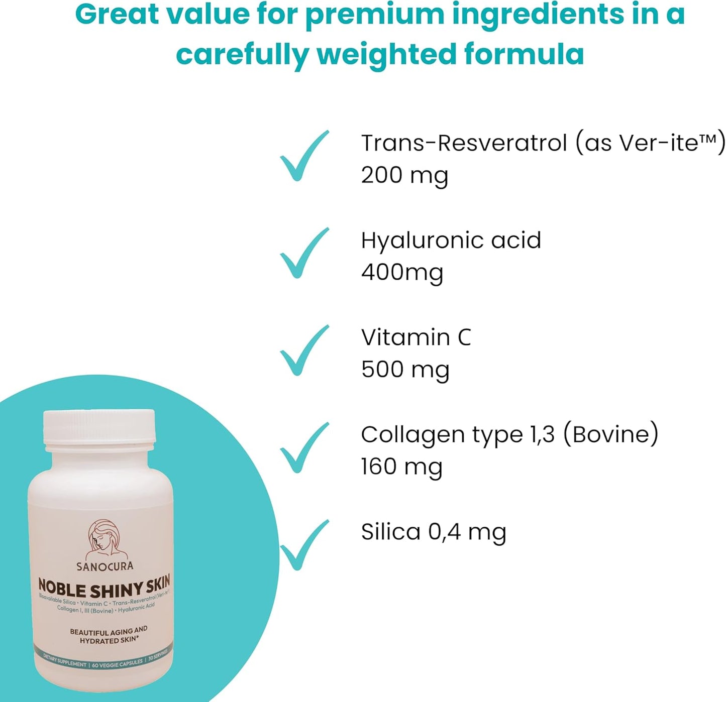 Nourishing Skin Supplement with 400mg Hyaluronic Acid and 200mg Veri-te