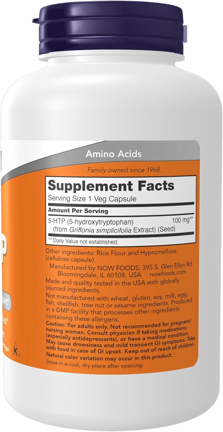 NOW Foods 5-HTP 100 mg Supplement for Neurotransmitter Support - 240 Veg Capsules