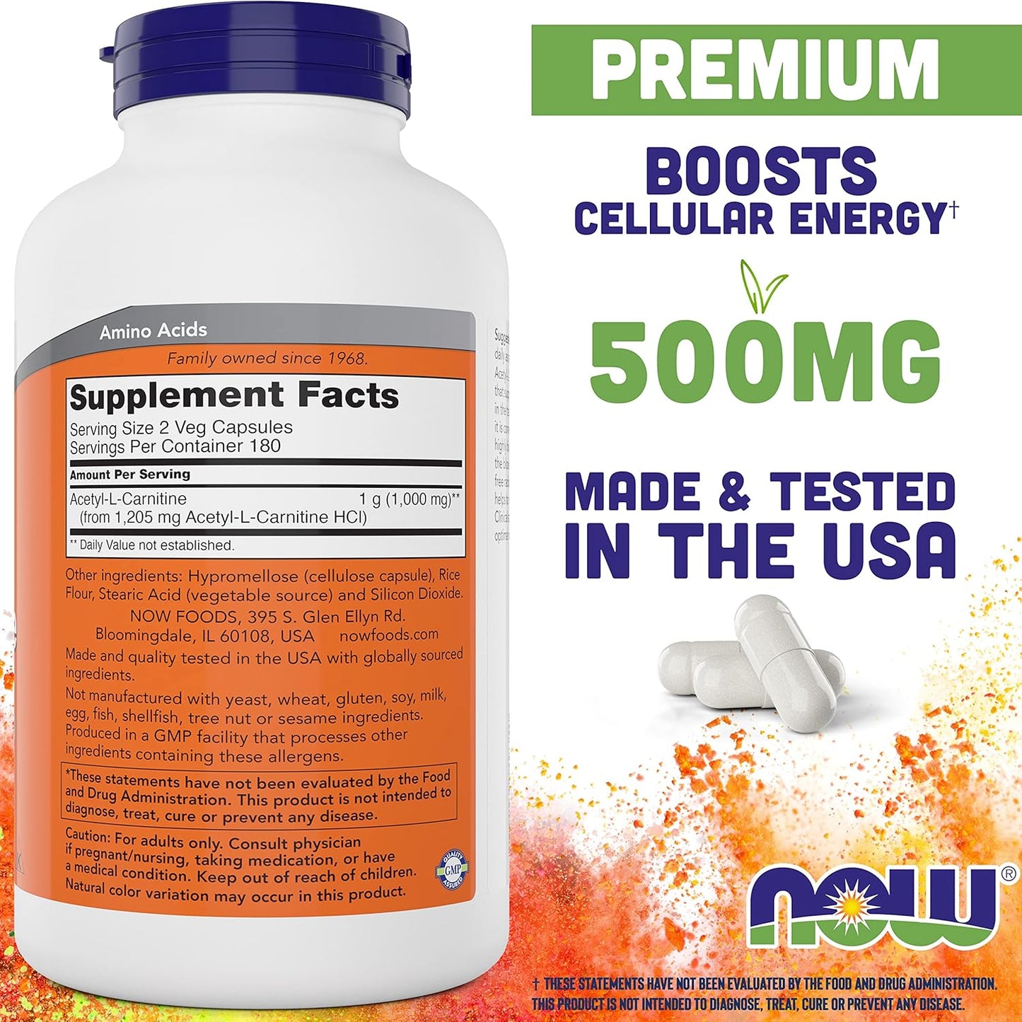 NOW Foods Acetyl L-Carnitine 500mg - 720 Veg Capsules, Non-GMO ACL 500mg Supplement for Men and Women