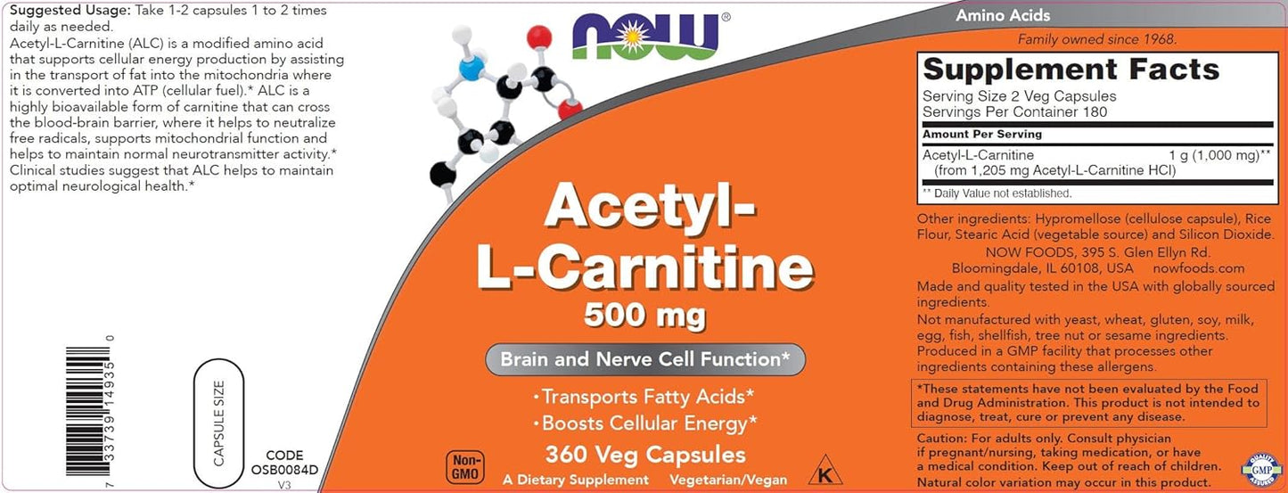 NOW Foods Acetyl L-Carnitine 500mg - 720 Veg Capsules, Non-GMO ACL 500mg Supplement for Men and Women