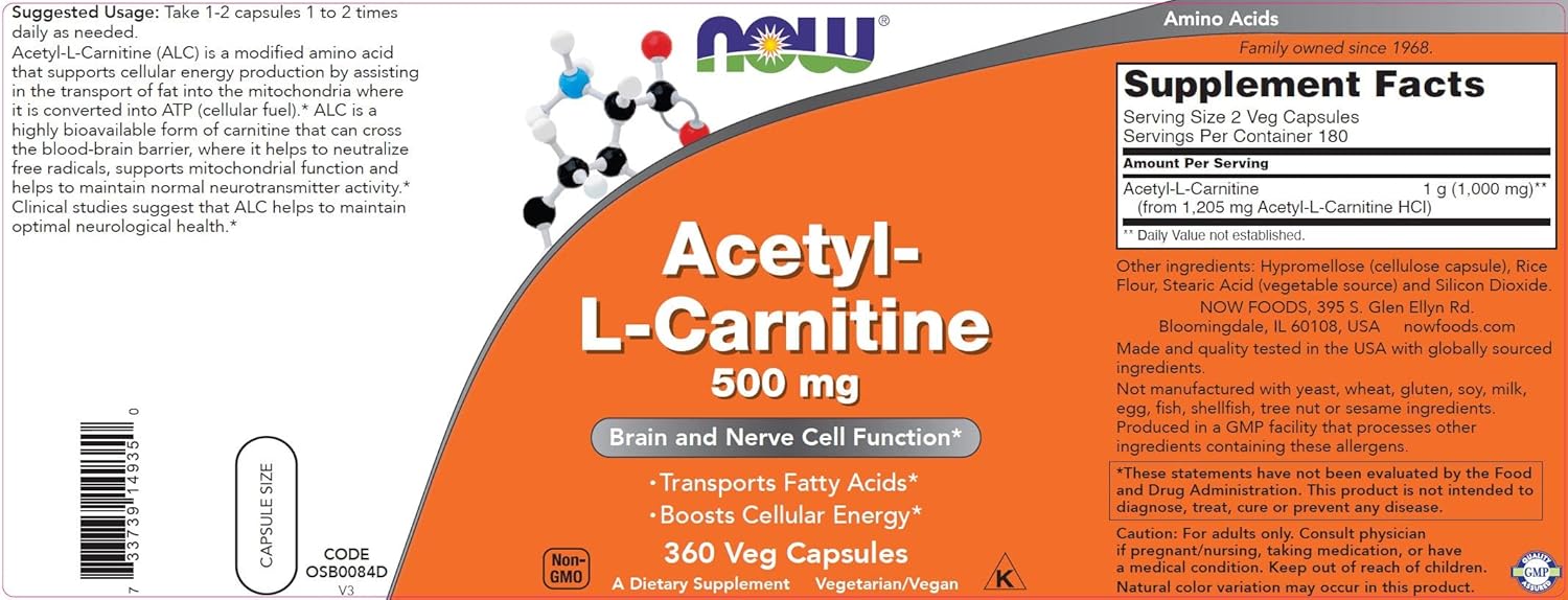 NOW Foods Acetyl L-Carnitine 500mg - 720 Veg Capsules, Non-GMO ACL 500mg Supplement for Men and Women