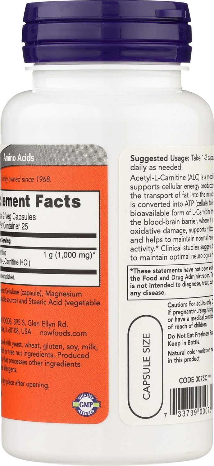 NOW FOODS Acetyl L-Carnitine 500mg Capsules, 50 Count Bottle
