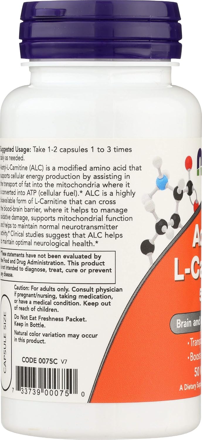 NOW FOODS Acetyl L-Carnitine 500mg Capsules, 50 Count Bottle