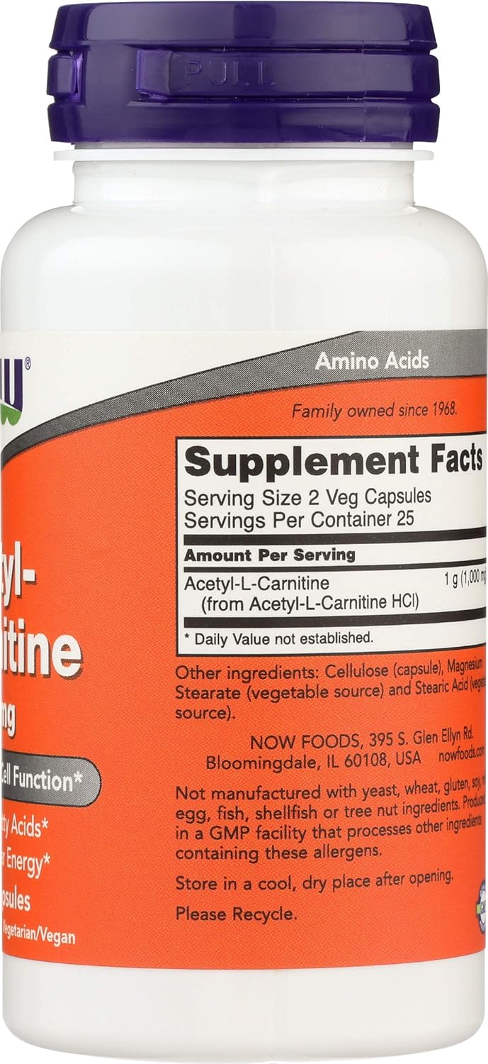 NOW FOODS Acetyl L-Carnitine 500mg Capsules, 50 Count Bottle