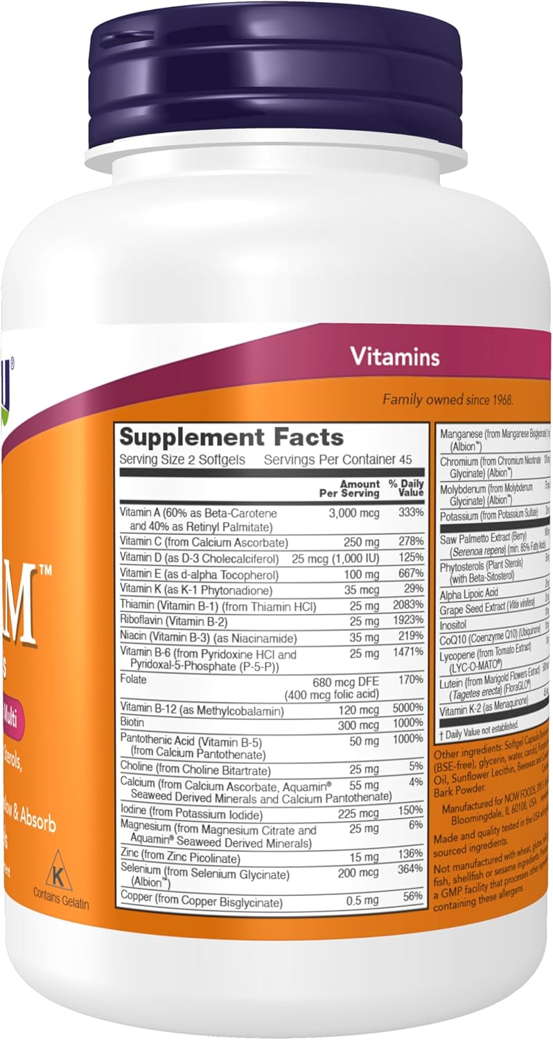 NOW Foods ADAM Men's Multivitamin with Saw Palmetto, Plant Sterols, Lycopene & CoQ10 - 90 Softgels for Men's Health