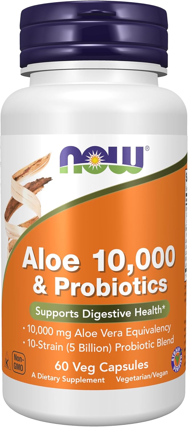 NOW Foods Aloe 10,000 & Probiotics: 10-Strain Probiotic Blend, 60 Veg Capsules - 5 Billion CFU