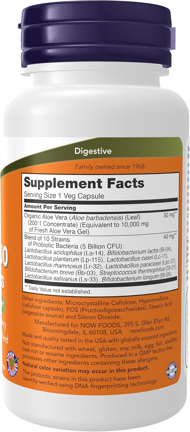 NOW Foods Aloe 10,000 & Probiotics: 10-Strain Probiotic Blend, 60 Veg Capsules - 5 Billion CFU