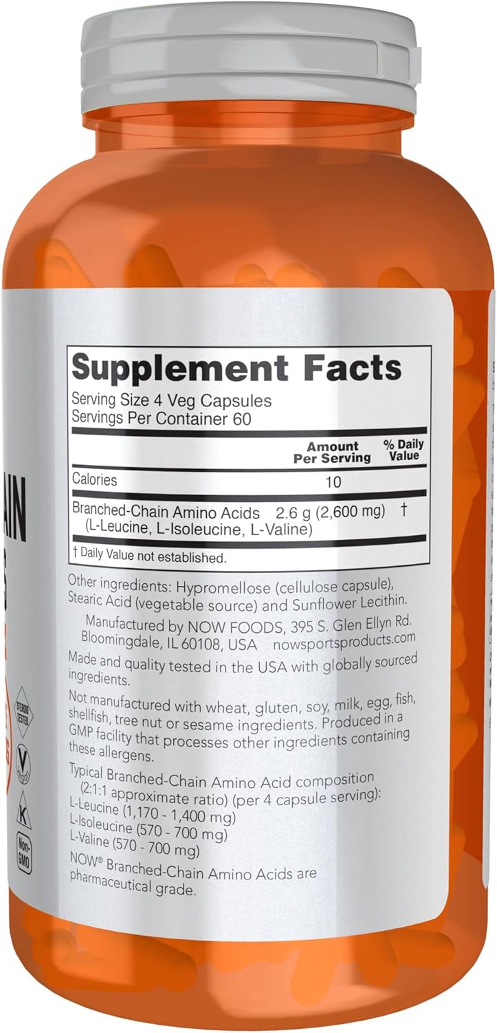NOW Foods BCAA Capsules - 240 Count Veg Capsules with Leucine, Isoleucine, and Valine