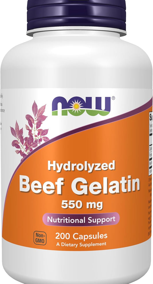 NOW Foods Beef Gelatin Supplements 550mg - Hydrolyzed, Nutritional Support - 200 Capsules