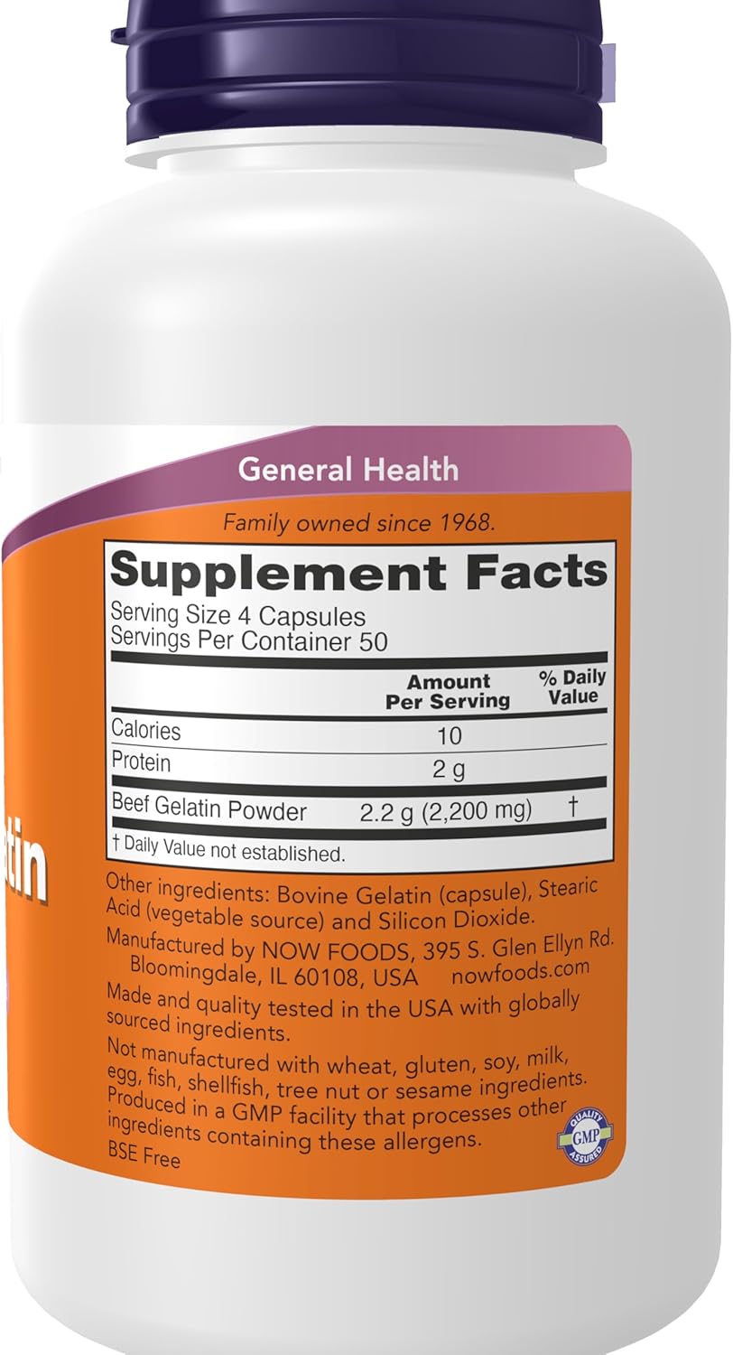 NOW Foods Beef Gelatin Supplements 550mg - Hydrolyzed, Nutritional Support - 200 Capsules