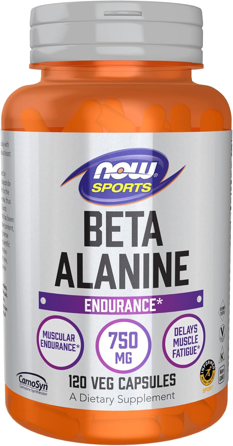 NOW Foods Beta-Alanine 750 mg Sports Nutrition Supplement - Boost Endurance and Delay Muscle Fatigue - 120 Veg Capsules