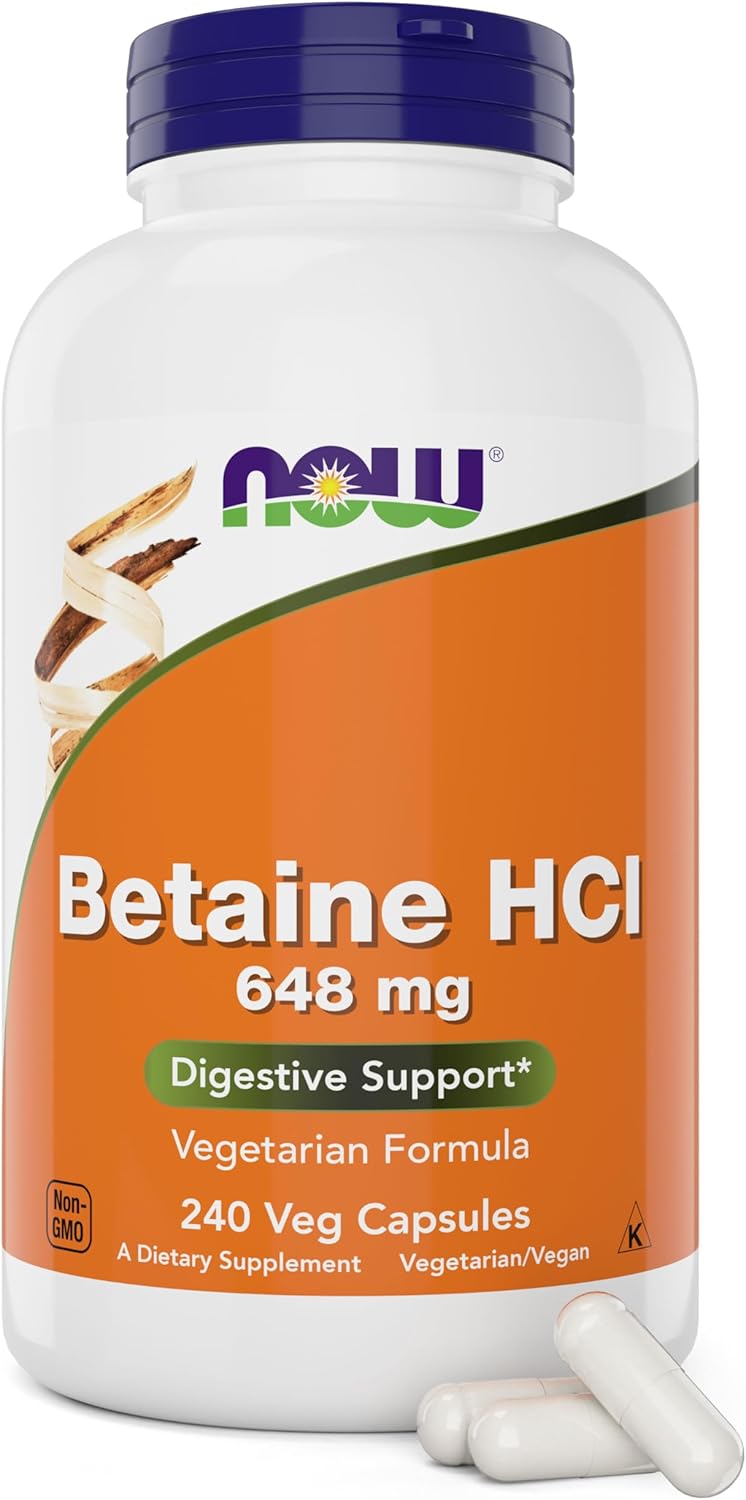 NOW Foods Betaine HCl Digestive Enzymes Supplement 648mg - 240 Veg Capsules - Pepsin Protease for Protein Digestion Support