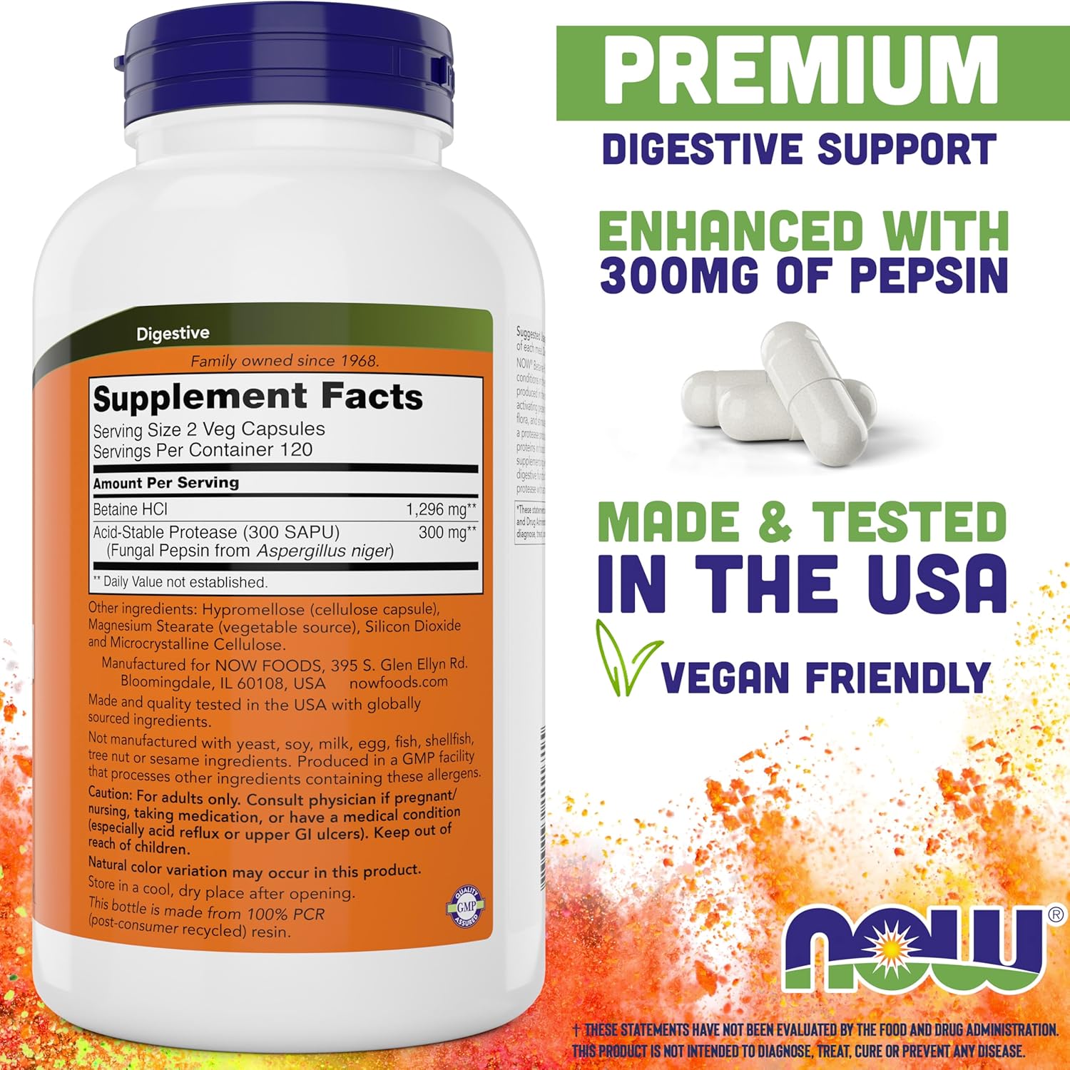 NOW Foods Betaine HCl Digestive Enzymes Supplement 648mg - 240 Veg Capsules - Pepsin Protease for Protein Digestion Support