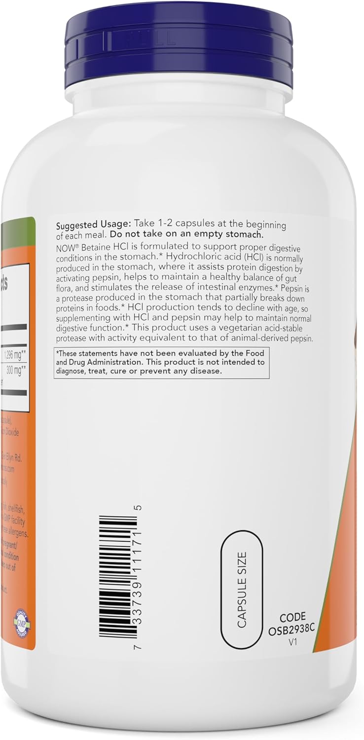 NOW Foods Betaine HCl Digestive Enzymes Supplement 648mg - 240 Veg Capsules - Pepsin Protease for Protein Digestion Support