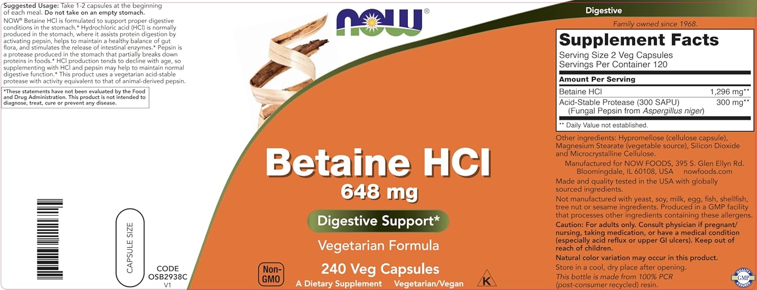 NOW Foods Betaine HCl Digestive Enzymes Supplement 648mg - 240 Veg Capsules - Pepsin Protease for Protein Digestion Support