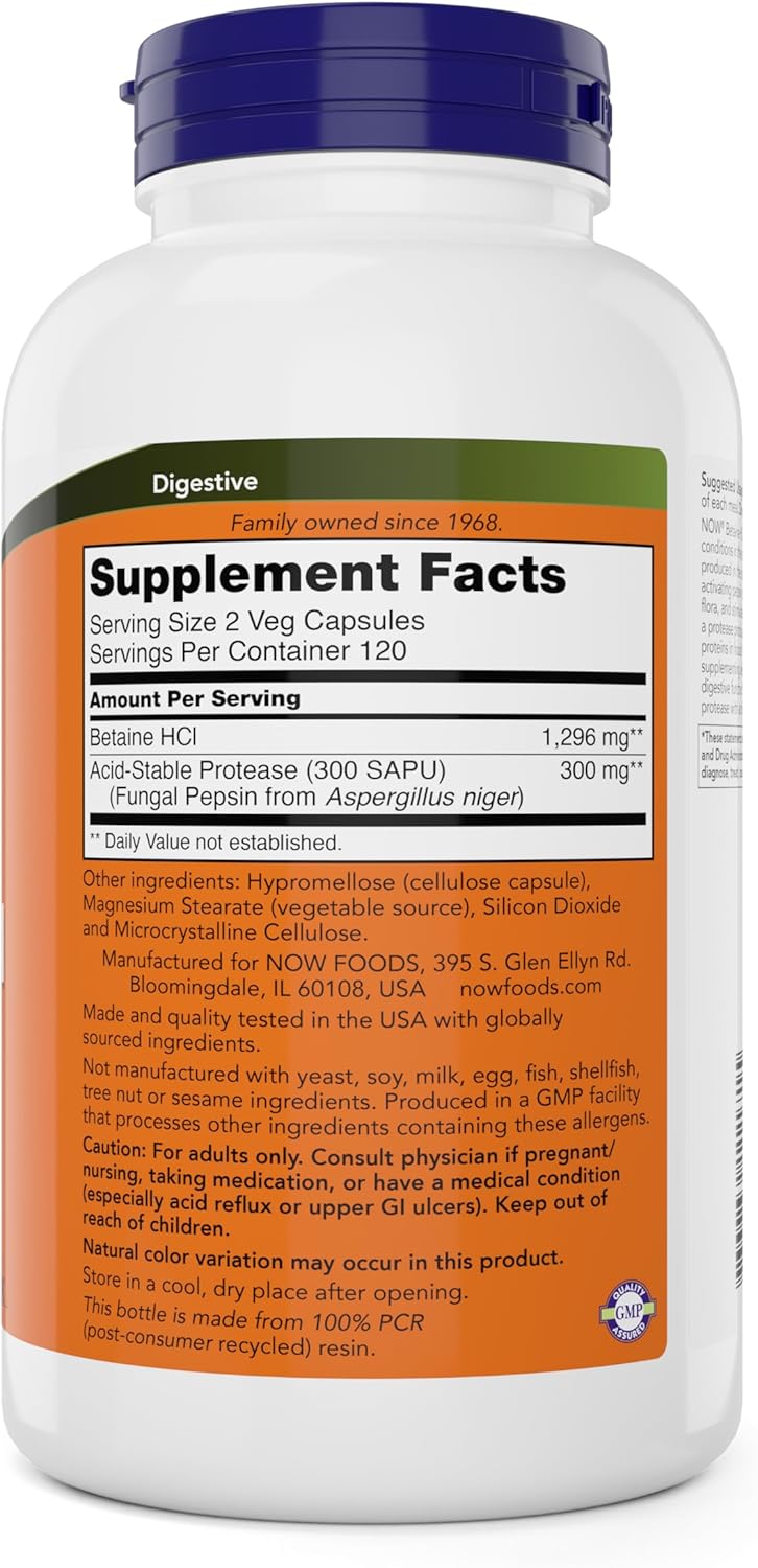 NOW Foods Betaine HCl Digestive Enzymes Supplement 648mg - 240 Veg Capsules - Pepsin Protease for Protein Digestion Support