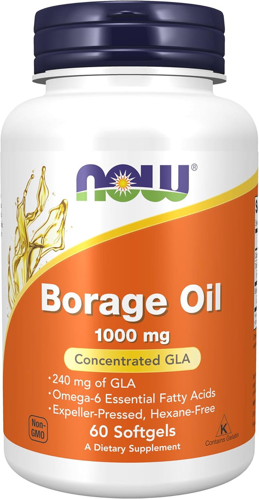 NOW Foods Borage Oil Supplement 1000mg with 240mg GLA, 60 Softgels - Essential Fatty Acids Omega 6 Support