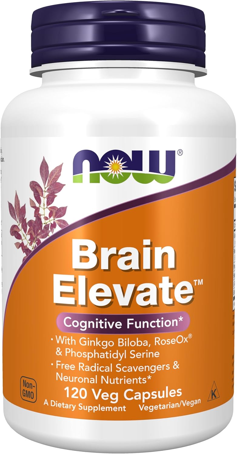 NOW Foods Brain Elevate™ Supplement with Ginkgo Biloba, RoseOx®, and Phosphatidyl Serine - 120 Veg Capsules