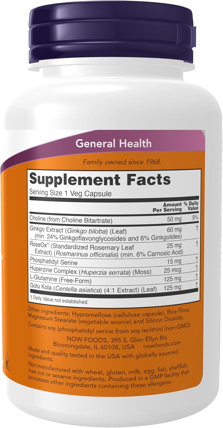 NOW Foods Brain Elevate™ Supplement with Ginkgo Biloba, RoseOx®, and Phosphatidyl Serine - 120 Veg Capsules