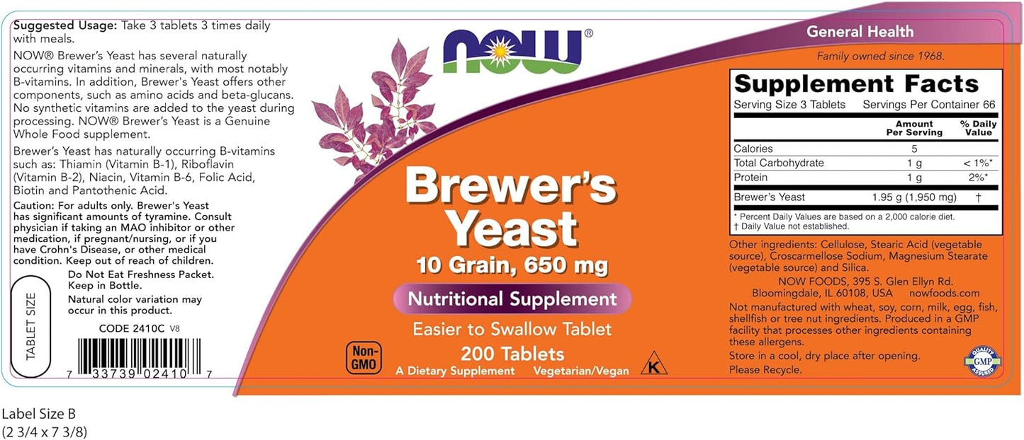 NOW Foods Brewers Yeast Tablets - 10 Grams, 200 Count - Natural Source of B Vitamins for Overall Wellness