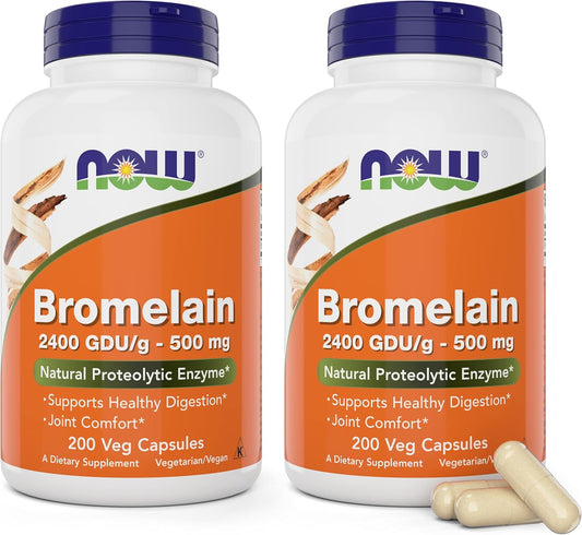 NOW Foods Bromelain 500mg 200 Veg Capsules x2 - Non-GMO, Vegan Supplement
