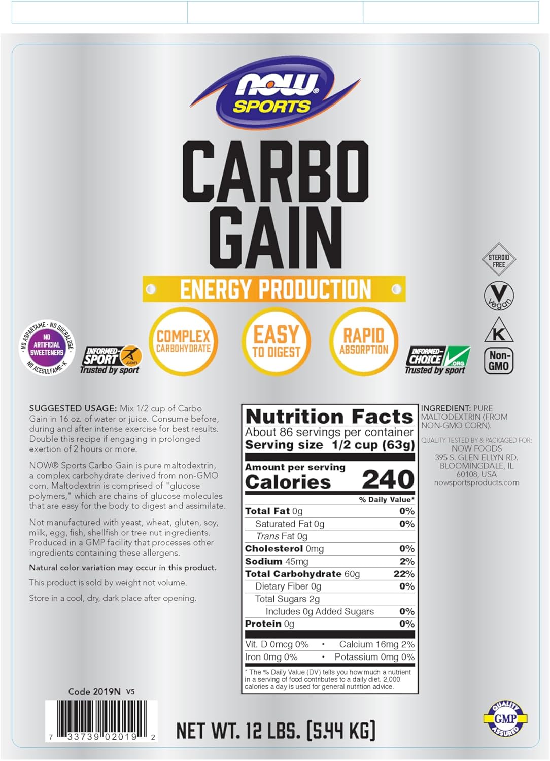 NOW Foods Carbo Gain Powder (Maltodextrin) for Rapid Energy Production - 12-Pound Size