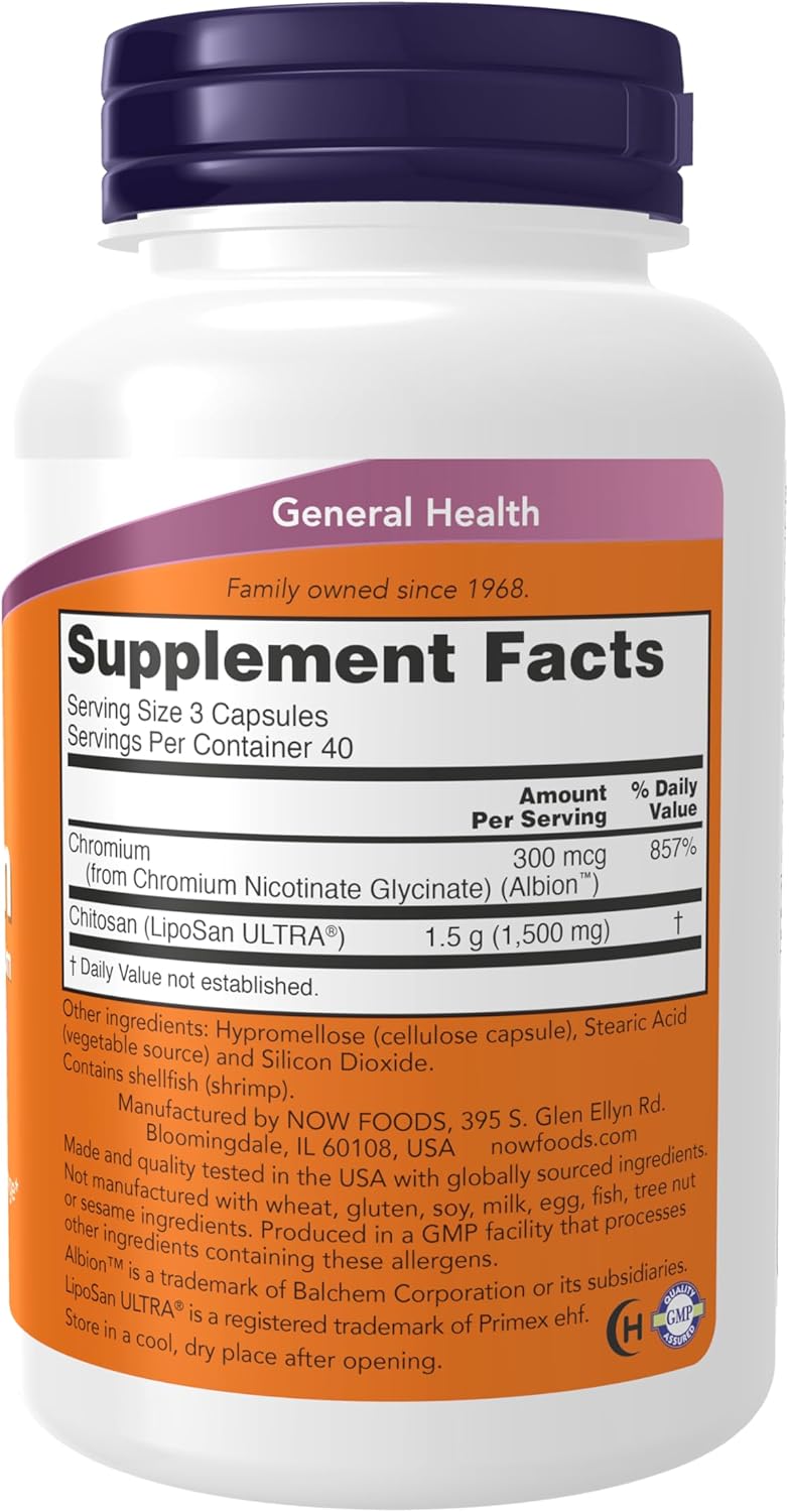 NOW Foods Chitosan 500mg with Chromium Veg Capsules for Weight Management - 120 Supplements