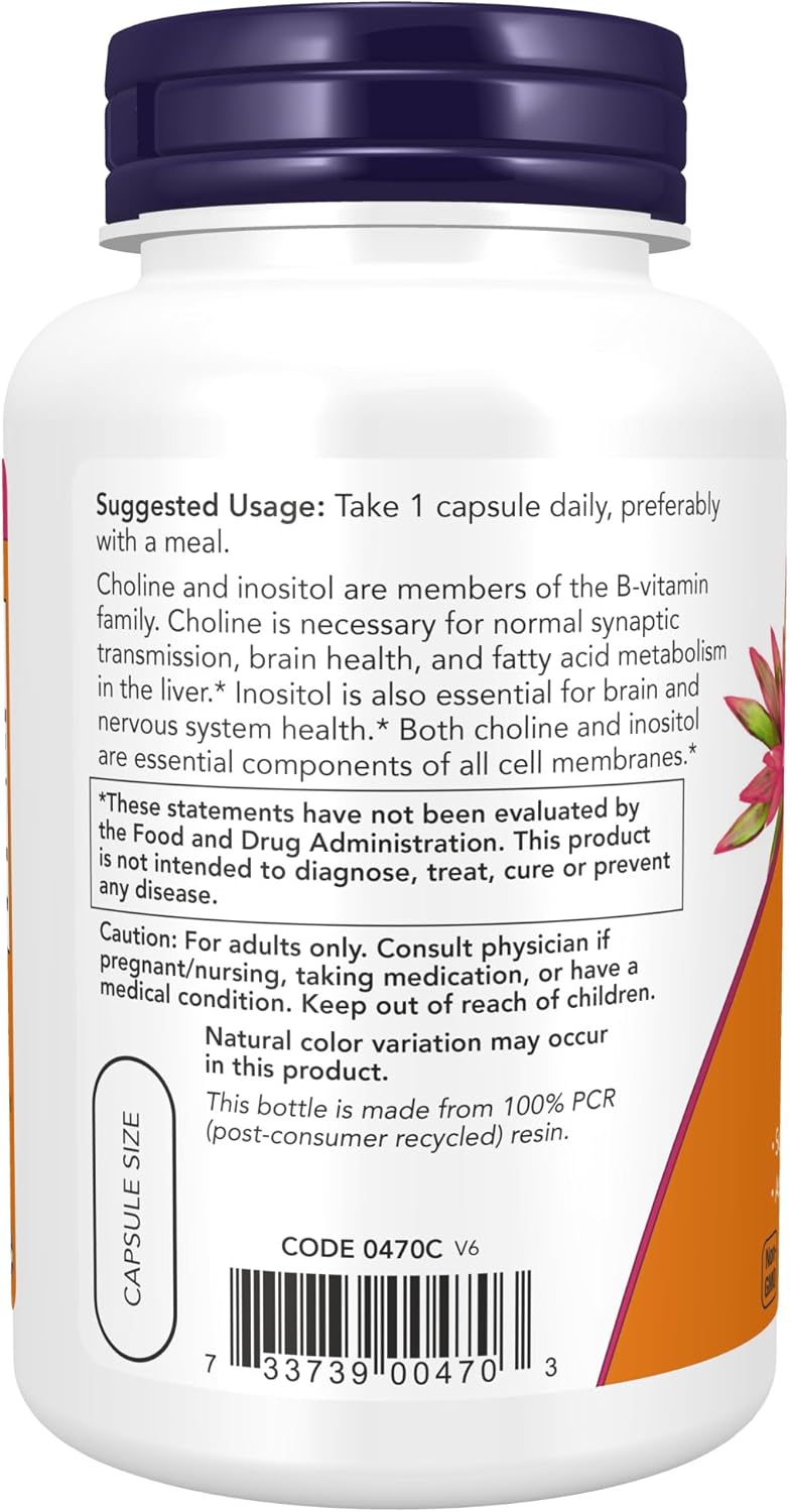 NOW Foods Choline & Inositol 500mg Supplements for Healthy Nerve & Nervous System Health - 100 Capsules (2 Pack)