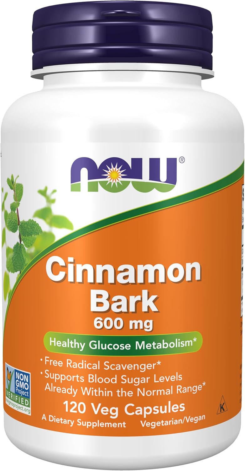NOW Foods Cinnamon Bark Supplements - 600 mg, Non-GMO, Supports Healthy Glucose Metabolism - 120 Veg Capsules