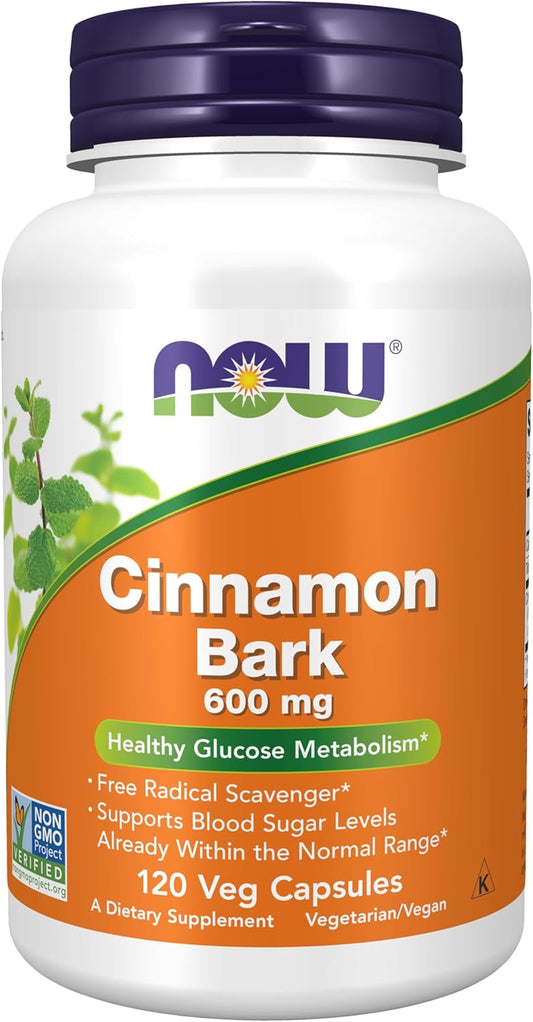 NOW Foods Cinnamon Bark Supplements - 600 mg, Non-GMO, Supports Healthy Glucose Metabolism - 120 Veg Capsules