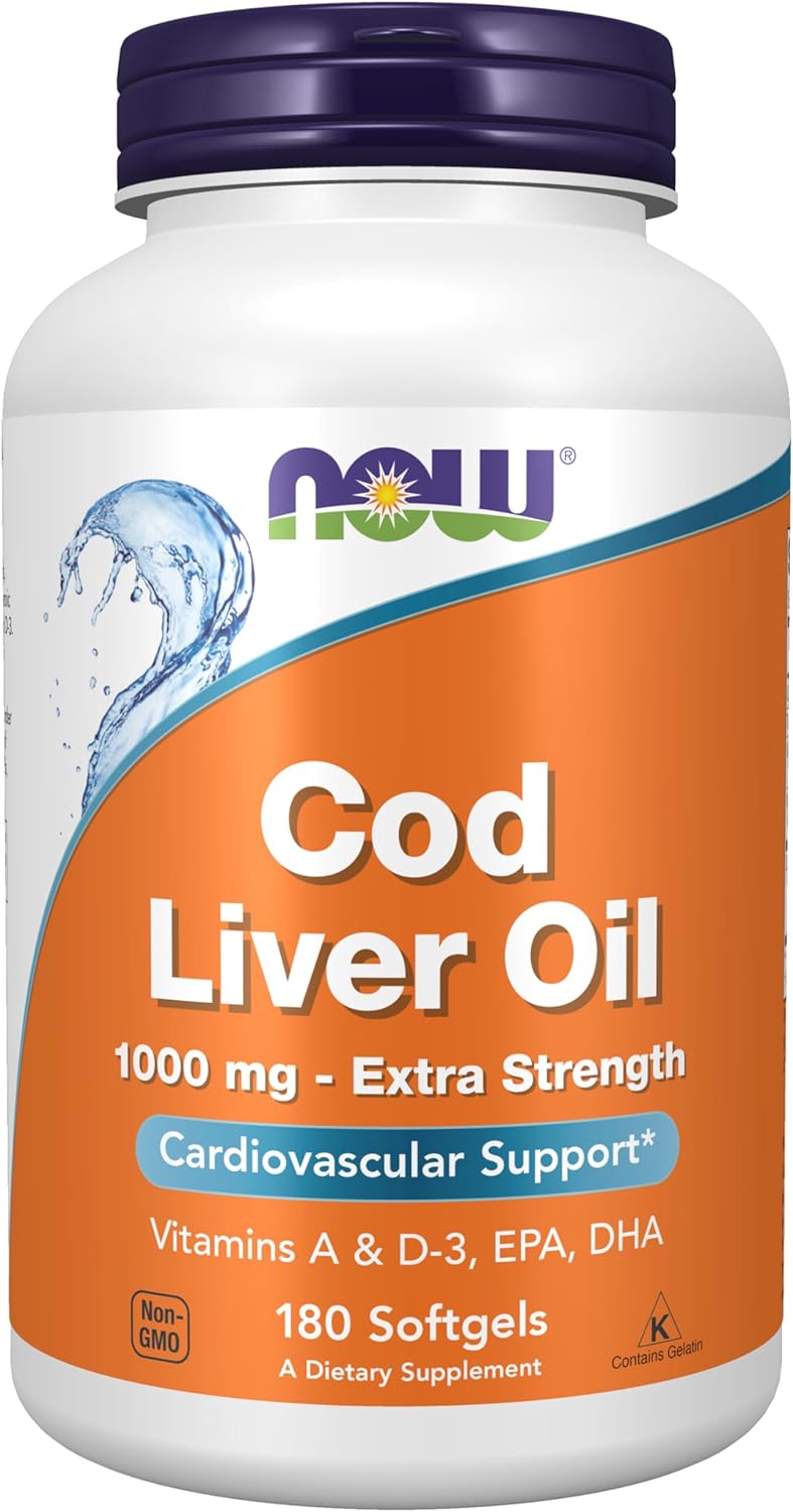 NOW Foods Cod Liver Oil Extra Strength with Vitamins A & D-3, EPA, DHA - 180 Softgels, 1000 mg