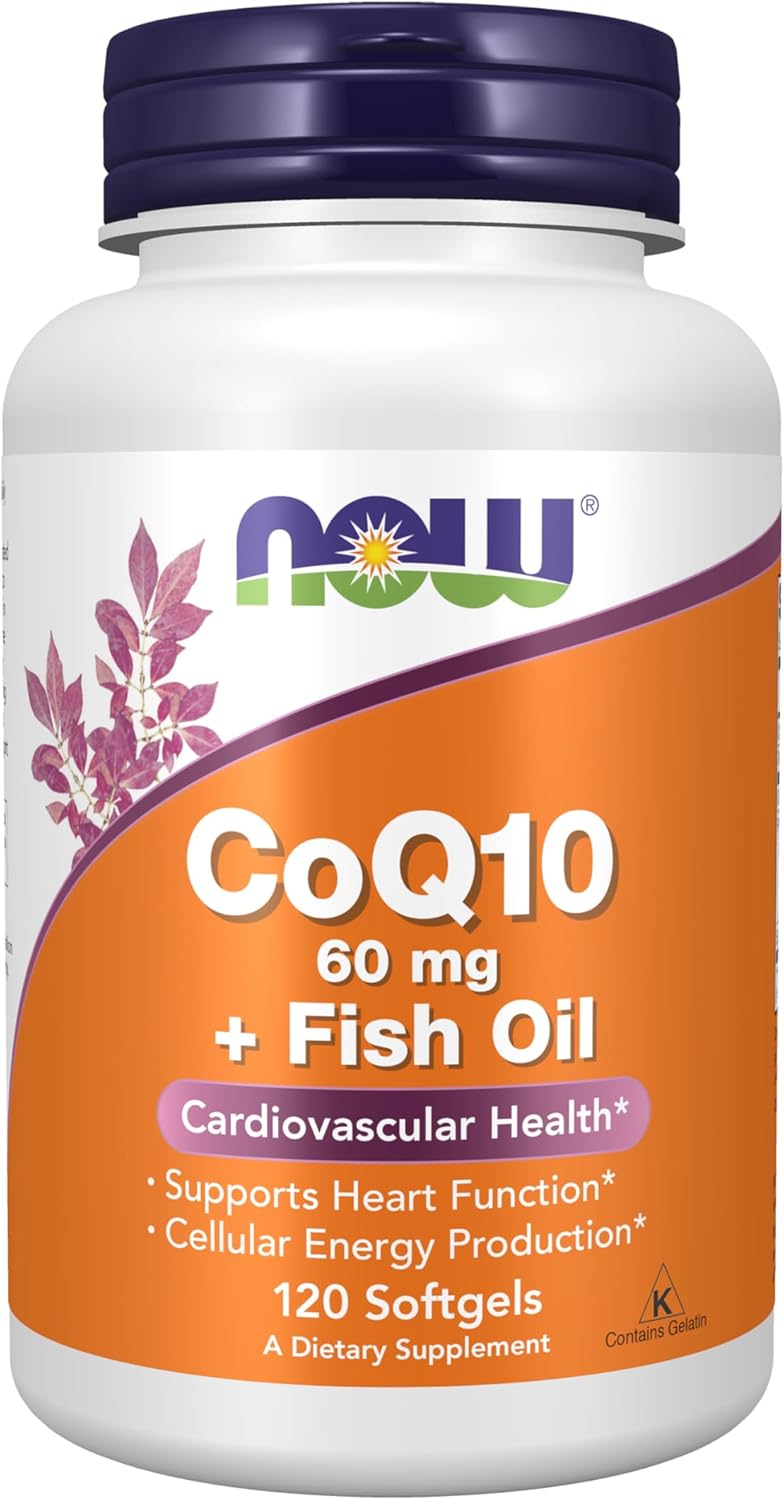 NOW Foods CoQ10 60 mg with Omega 3 Fish Oil Softgels for Cardiovascular Health - 120 Count