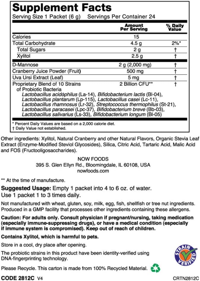NOW Foods Cranberry Mannose + Probiotics Supplement - 24 Box, 10 Probiotic Bacterial Strains