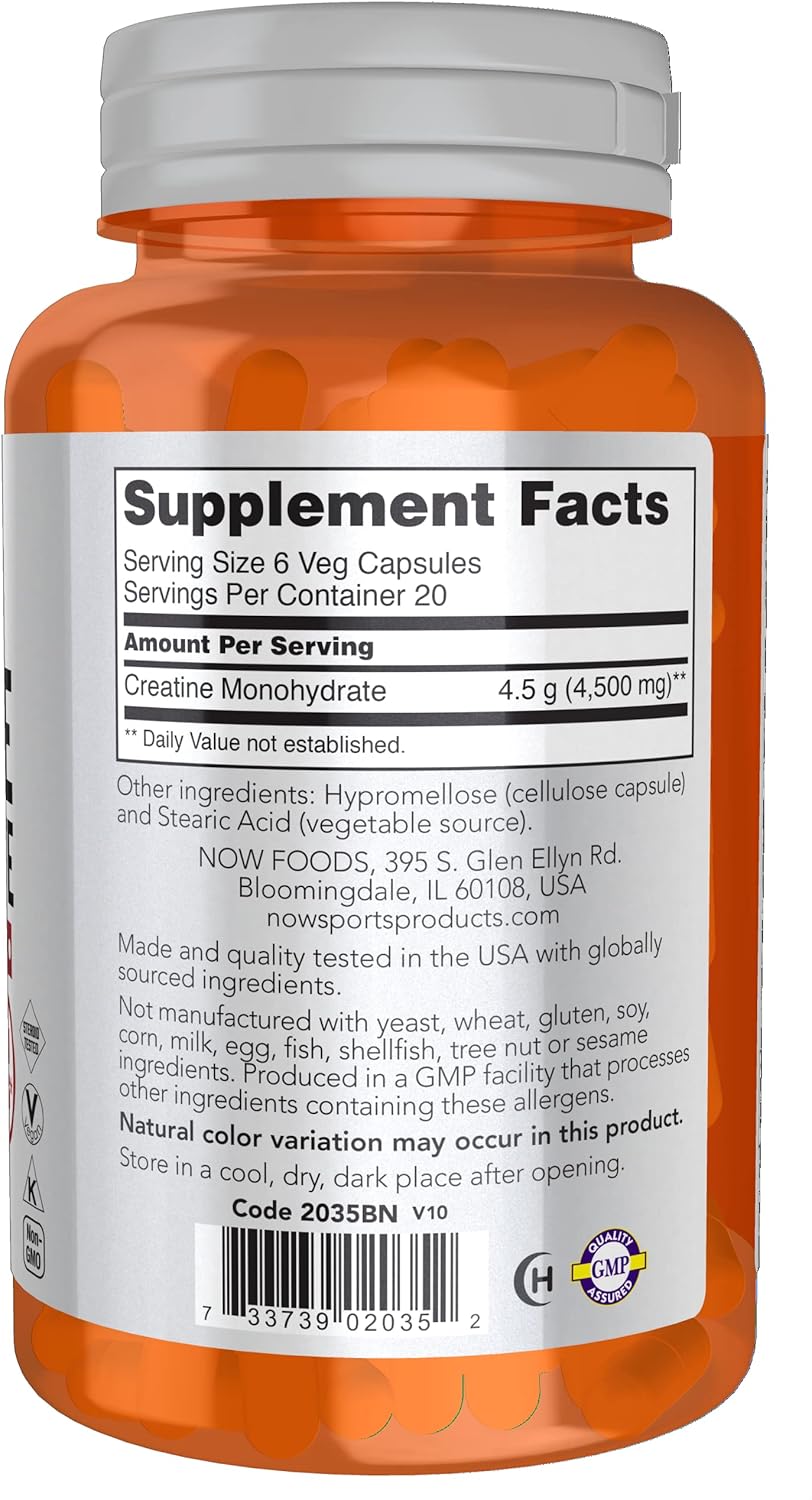 NOW Foods Creatine Monohydrate Capsules - 750 mg for Mass Building and Energy Production - 120 Veg Capsules