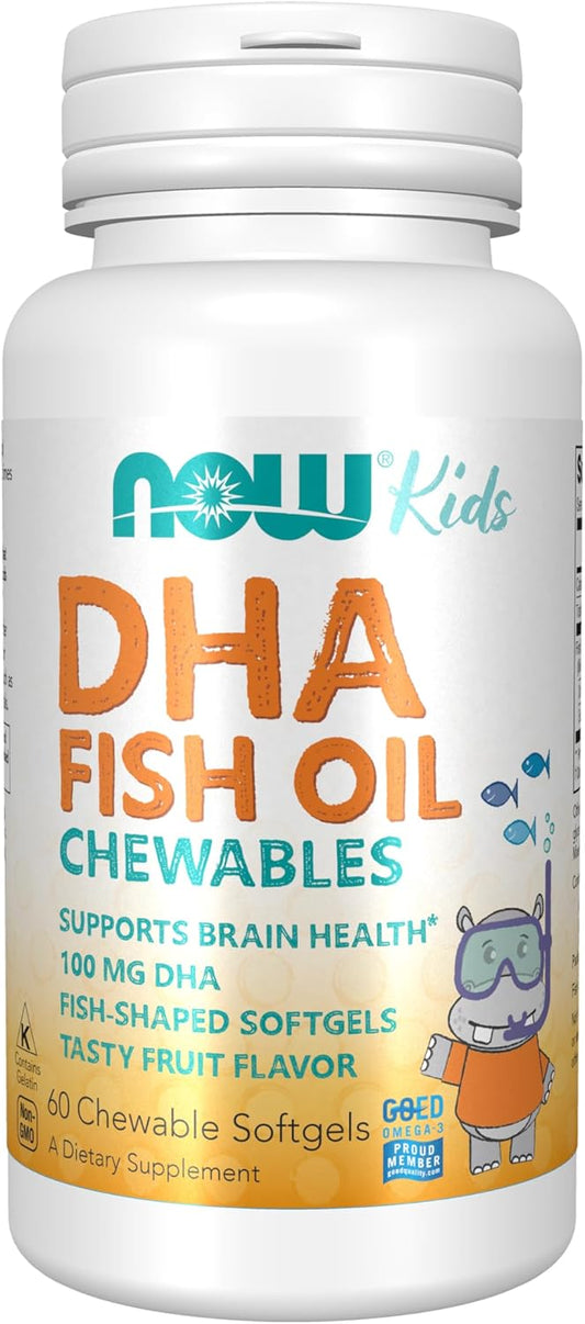 NOW Foods DHA Kids 100 mg Chewable Softgels for Brain Health - Fruit Flavor - 60 Count