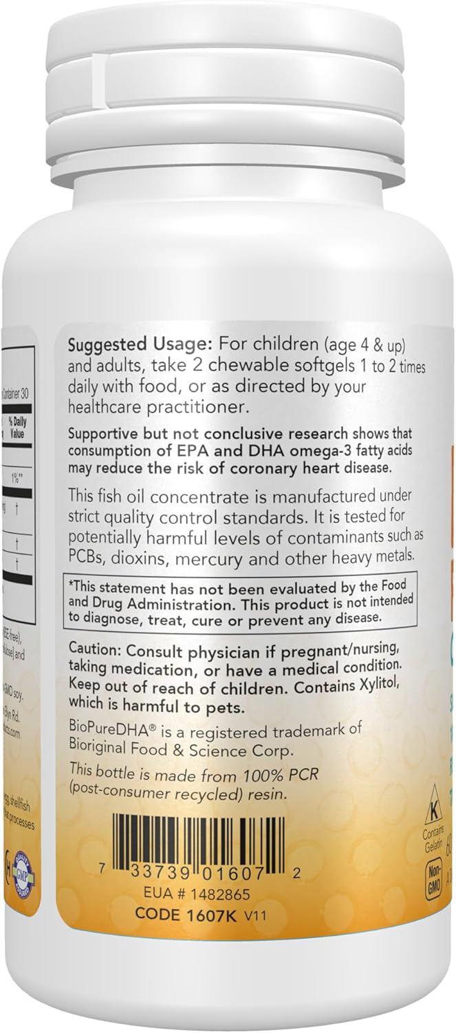 NOW Foods DHA Kids 100 mg Chewable Softgels for Brain Health - Fruit Flavor - 60 Count