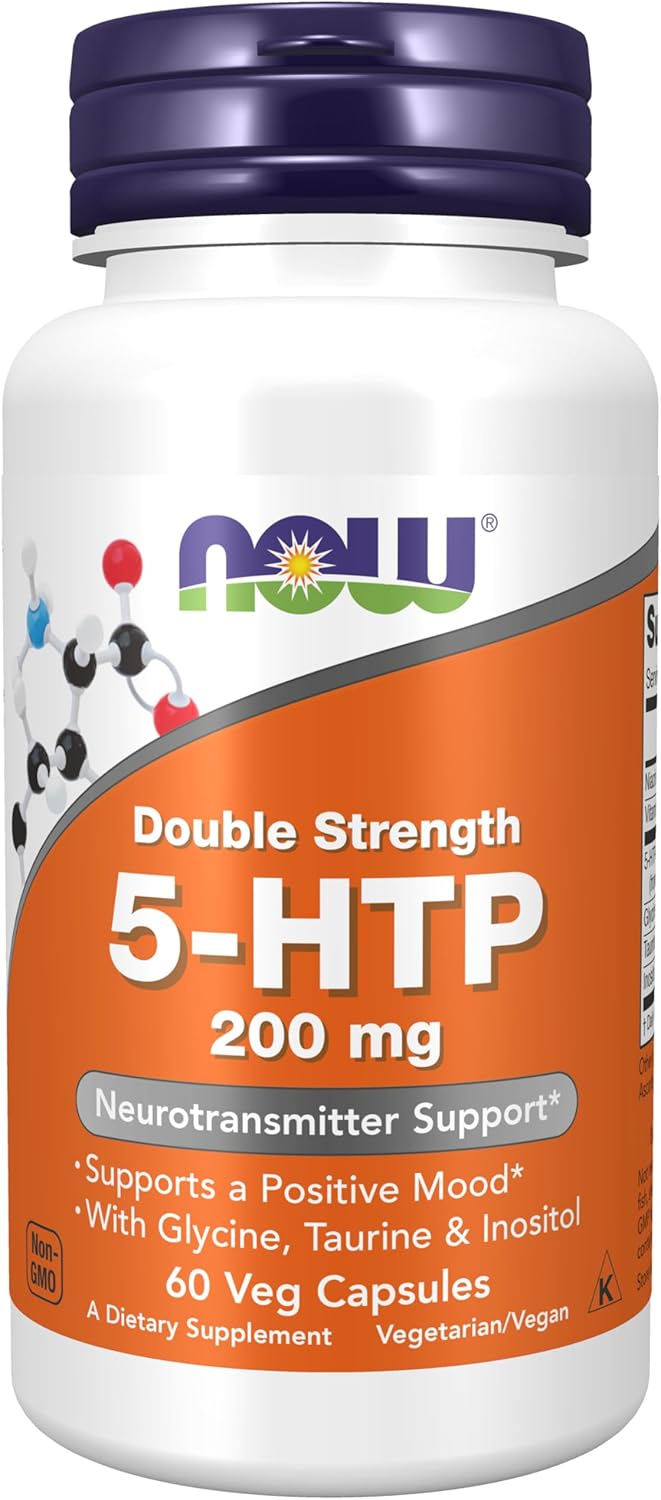 NOW Foods Double Strength 5-HTP (5-Hydroxytryptophan) 200mg Neurotransmitter Support Veg Capsules - 60 Count