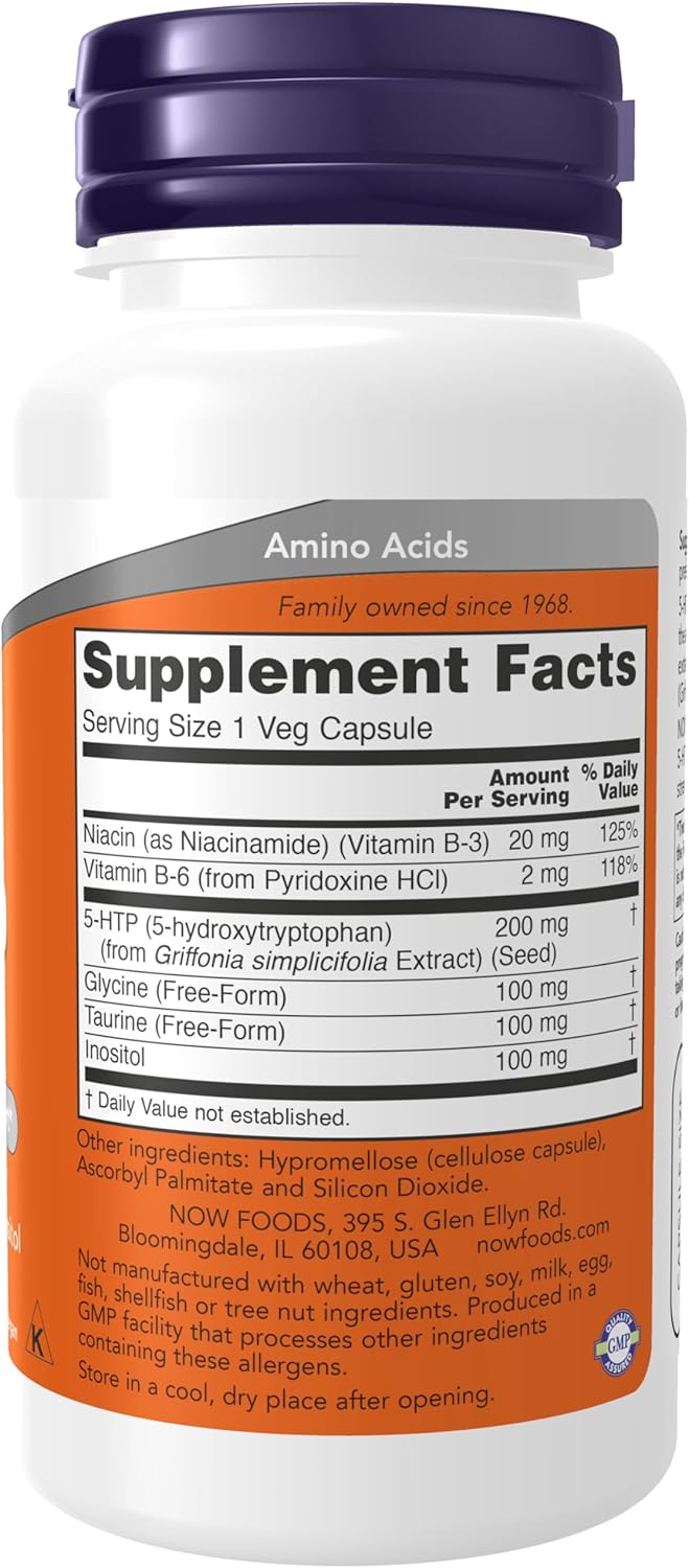 NOW Foods Double Strength 5-HTP (5-Hydroxytryptophan) 200mg Neurotransmitter Support Veg Capsules - 60 Count