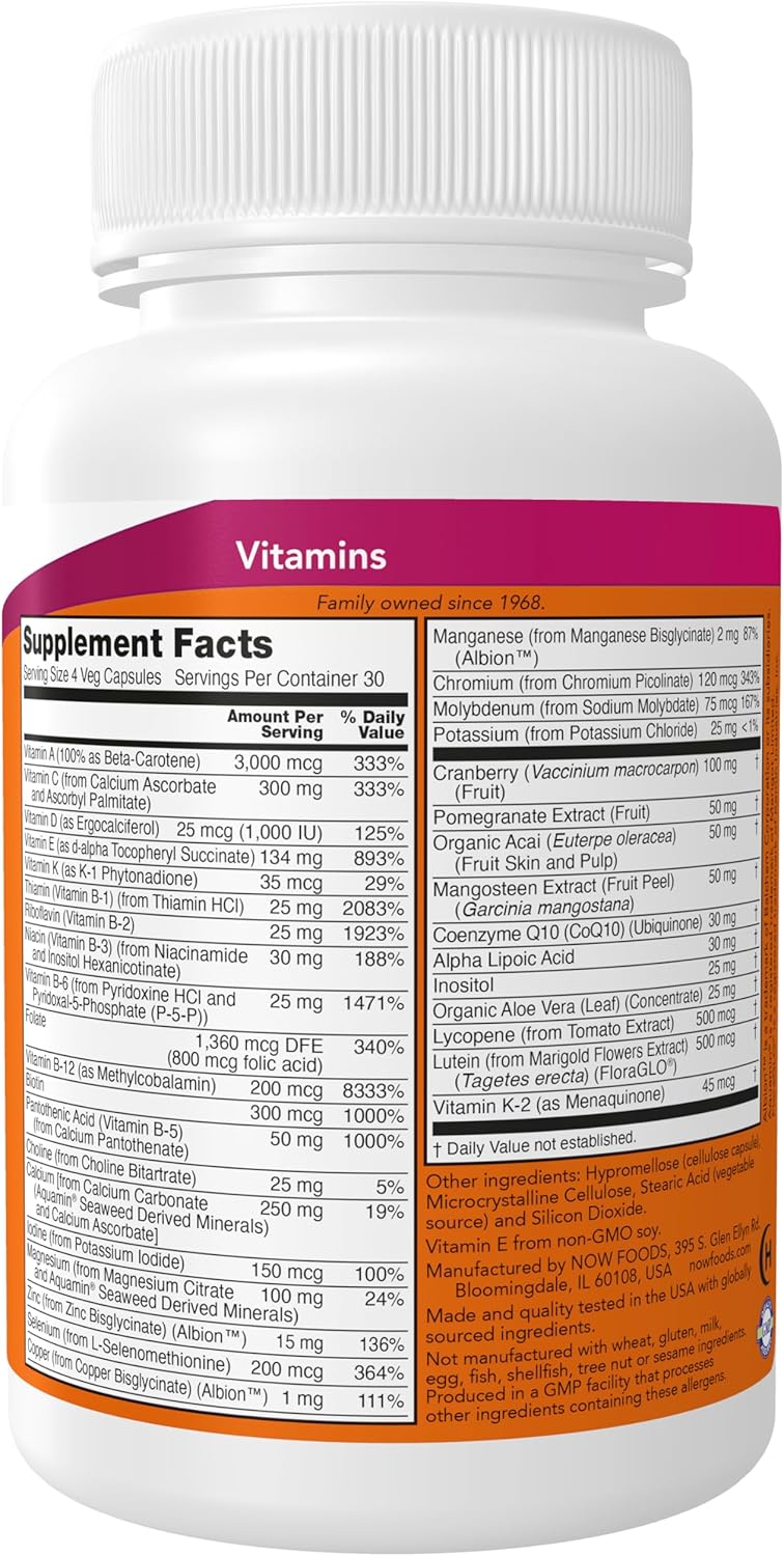 NOW Foods Eve™ Women's Multivitamin with Cranberry, Alpha Lipoic Acid, CoQ10, Superfruits - Pomegranate, Acai, Mangosteen - 120 Veg Capsules