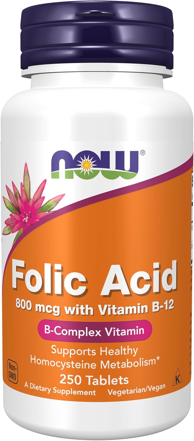 NOW Foods Folic Acid 800 mcg with B-12 (Cyanocobalamin) 25 mcg, B Complex Vitamin Tablets - 250 Count