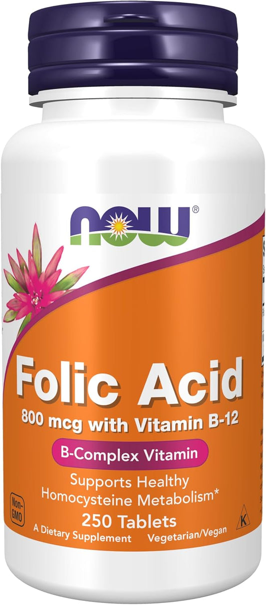 NOW Foods Folic Acid 800 mcg with B-12 (Cyanocobalamin) 25 mcg, B Complex Vitamin Tablets - 250 Count