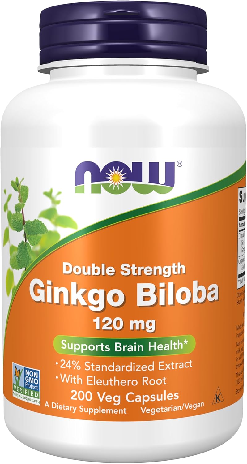 NOW Foods Ginkgo Biloba 120mg Double Strength Non-GMO 200 Veg Capsules