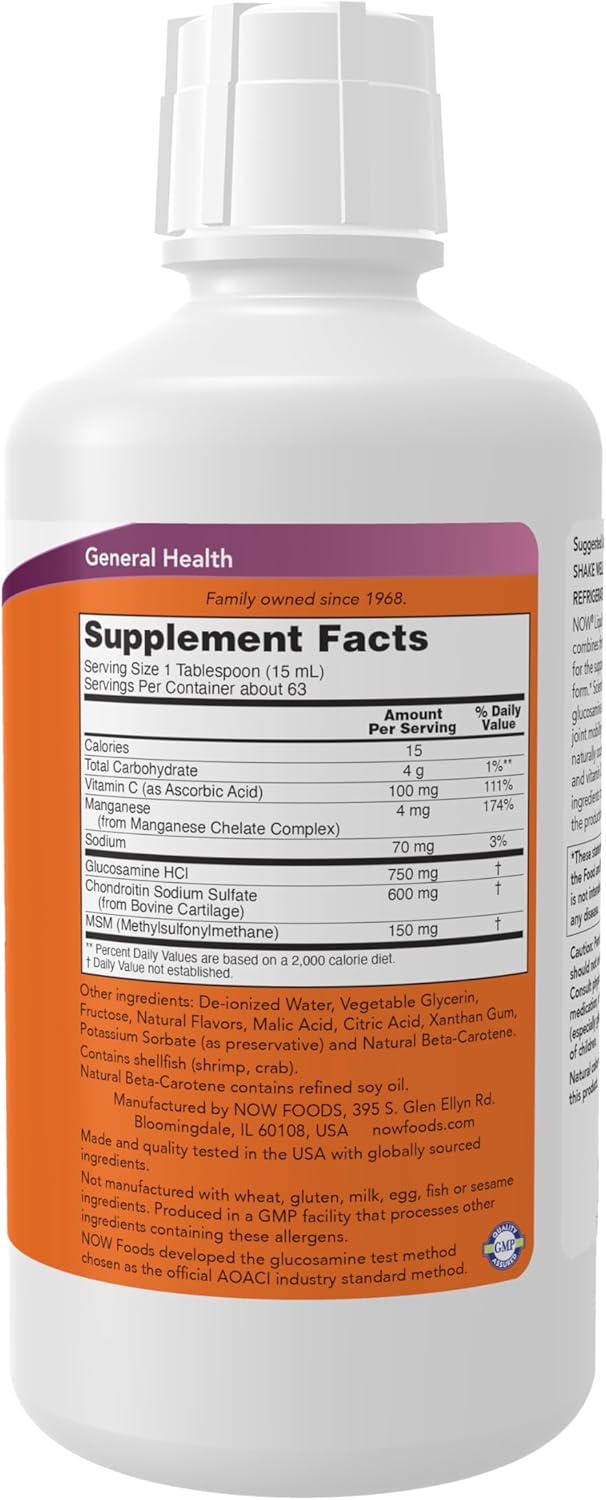 NOW Foods Glucosamine & Chondroitin with MSM Liquid Supplement for Joint Health, Mobility, and Comfort - 32-Ounce Bottle