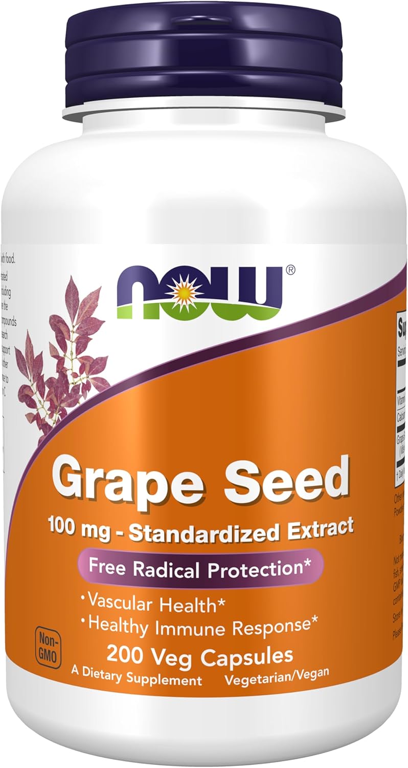 NOW Foods Grape Seed Extract 100mg - High Polyphenol Concentration with Vitamin C, 200 Vegetarian Capsules