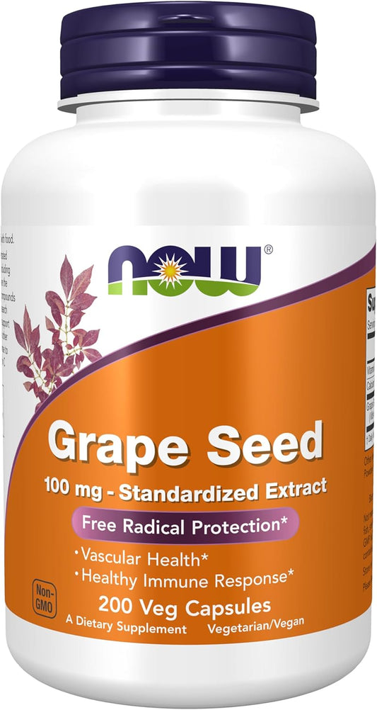 NOW Foods Grape Seed Extract 100mg - High Polyphenol Concentration with Vitamin C, 200 Vegetarian Capsules