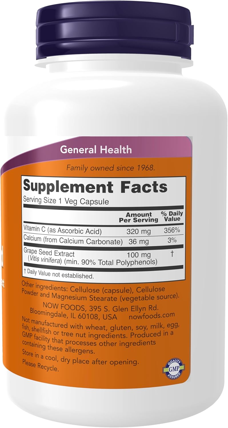 NOW Foods Grape Seed Extract 100mg - High Polyphenol Concentration with Vitamin C, 200 Vegetarian Capsules